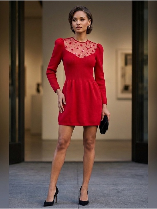 St. John Dresses & Skirts - Vintage St. John Marie Gray Red Sequin Knit Mini Dress Small Illusion Beaded